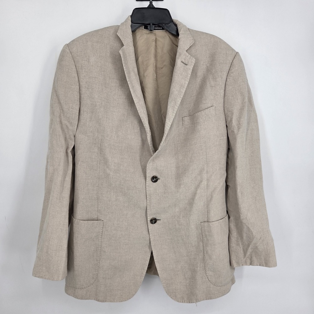 J Hilburn 100% Linen Blazer Sport Coat Men's 45R Beige Single Breasted 2 Button